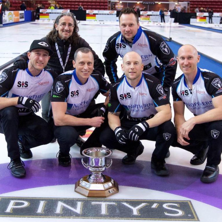 Brad Jacobs curling team in Timmins today
